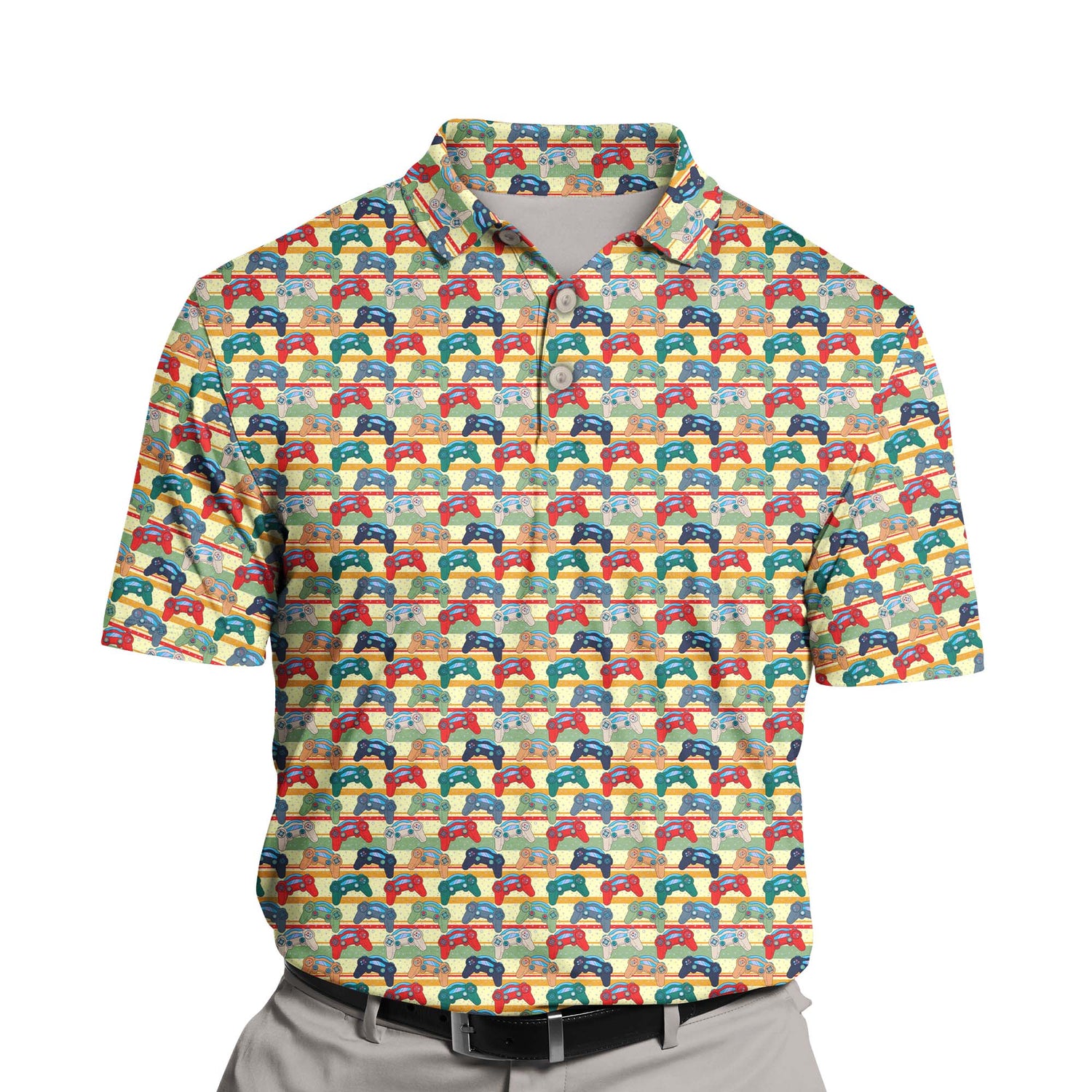 Custom golf polos with joystick and gamer-themed faces for a fun look.