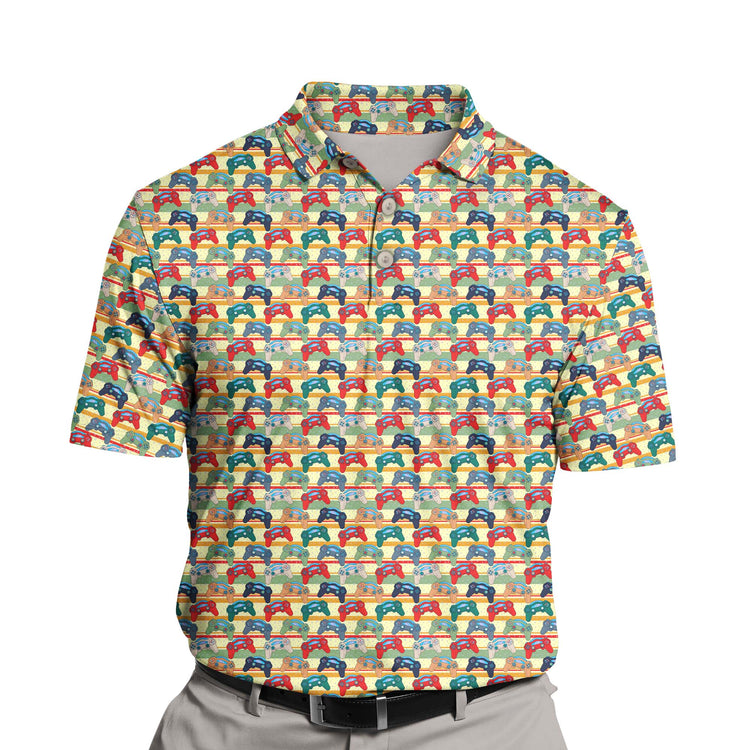 Custom golf polos with joystick and gamer-themed faces for a fun look.