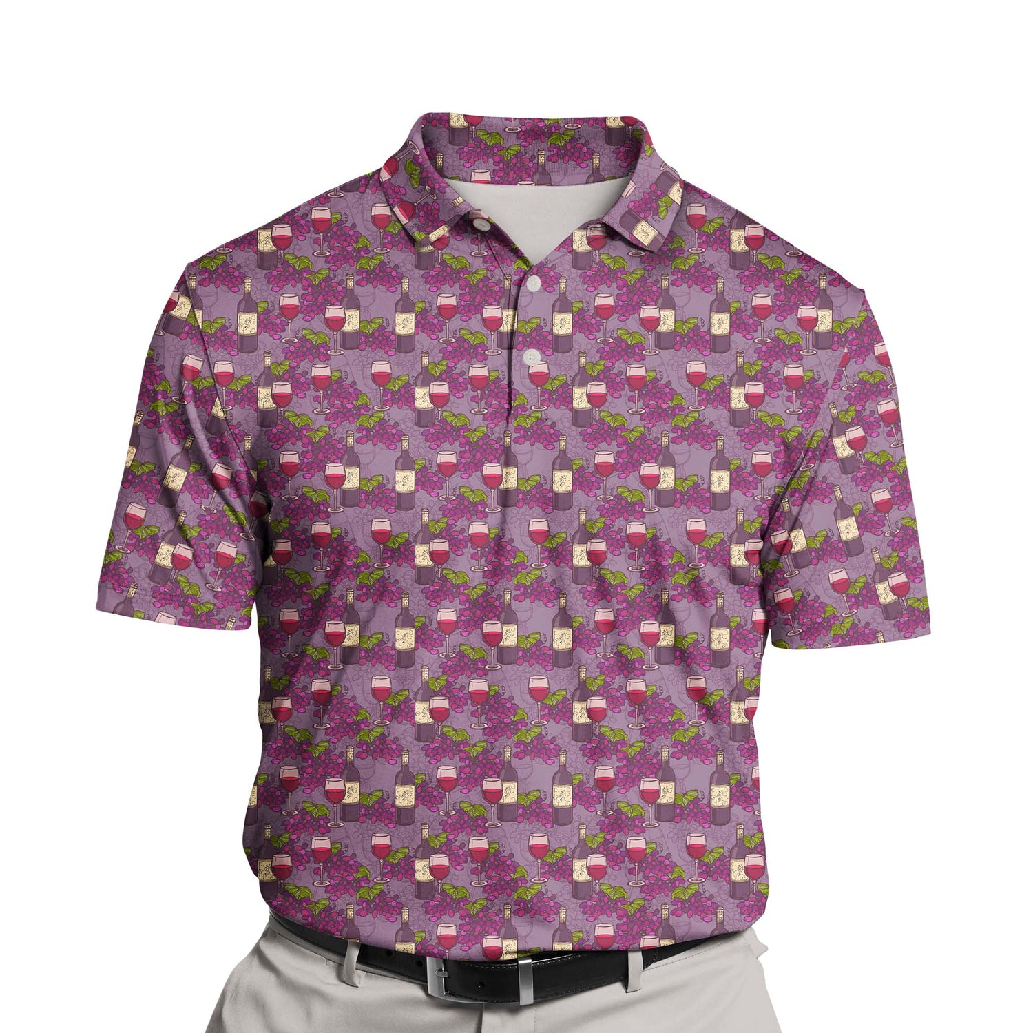 Custom funny golf shirts with faces on them, showcasing playful wine designs.