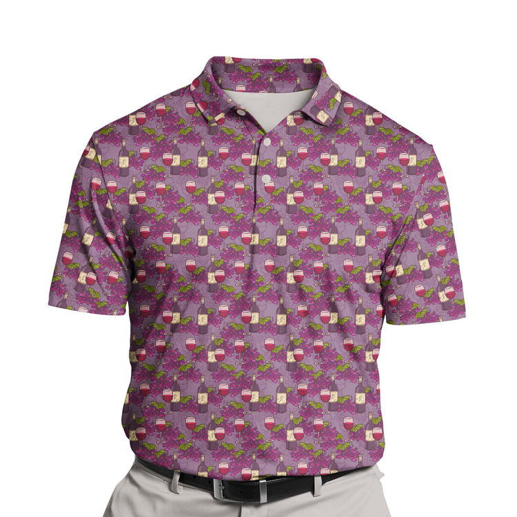 Custom funny golf shirts with faces on them, showcasing playful wine designs.
