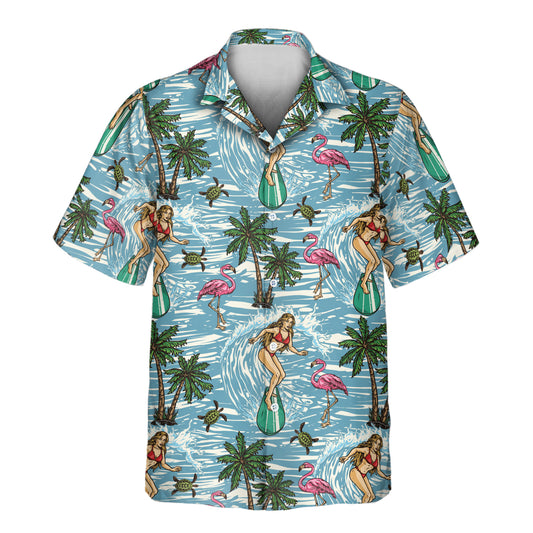Catch the waves in custom Hawaiian shirts featuring surfboards, flamingos, and sea turtles. Add faces on them for a personalized, sun-soaked style.
