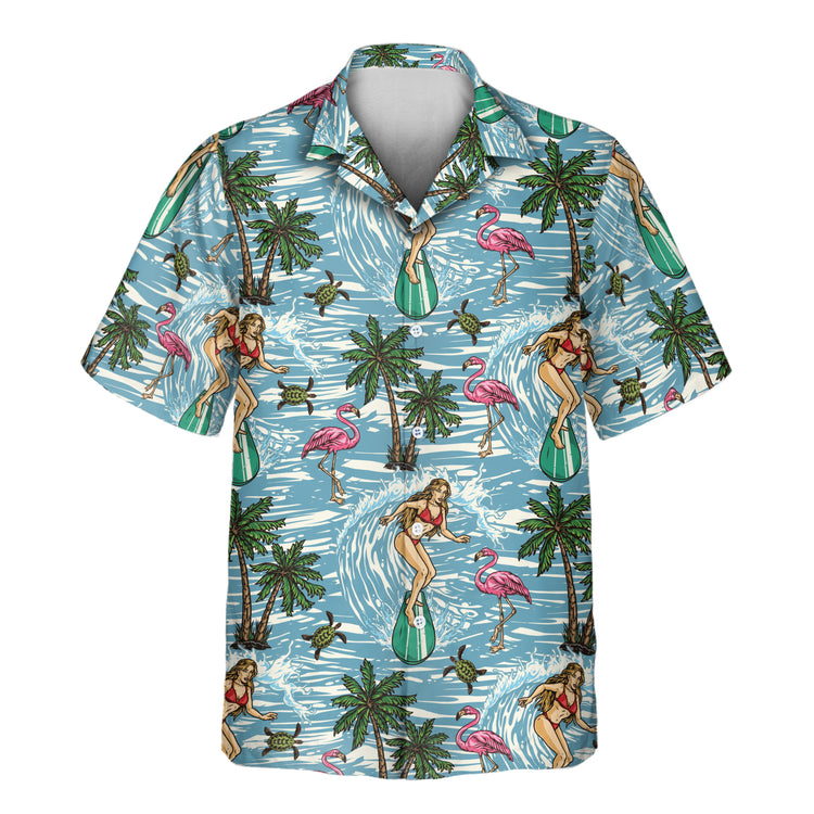 Catch the waves in custom Hawaiian shirts featuring surfboards, flamingos, and sea turtles. Add faces on them for a personalized, sun-soaked style.