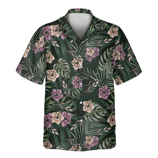 Relaxed-fit custom Hawaiian shirts with faces on them, showcasing a vintage tropical design with lush green palm leaves, exotic flowers, and natural tones.