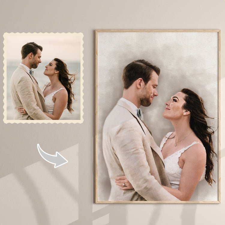 Turn your love story into art with a custom couple portrait painting! Our skilled portrait painting artists transform your photos into art, turning your picture into a drawing you’ll cherish. Perfect for home decor or gifting, it's a beautiful custom portrait painting from photo.