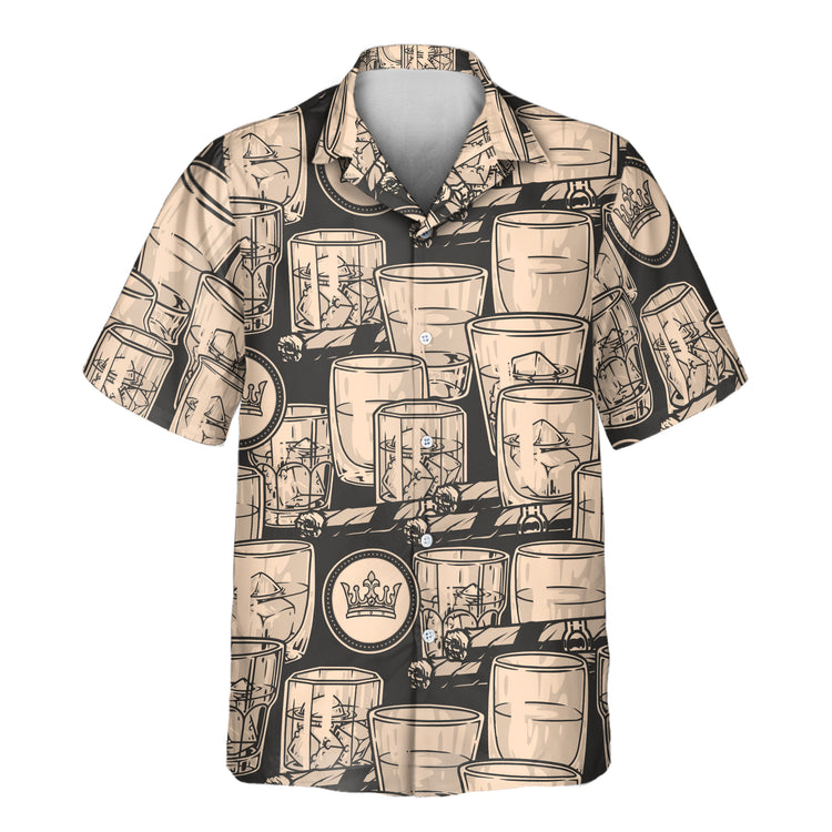 Classic custom Hawaiian shirts with whiskey and cigar patterns in monochrome. Add faces on them for a personalized, sophisticated tropical look.