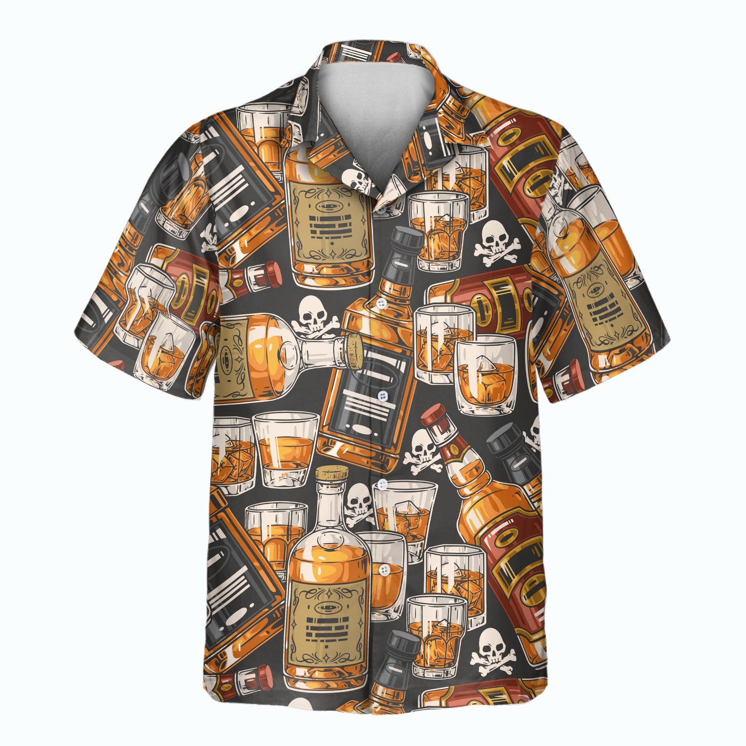 Stand out with custom Hawaiian shirts featuring whiskey bottles and skulls. Add faces on them for a fun, personalized style with a retro whiskey theme.