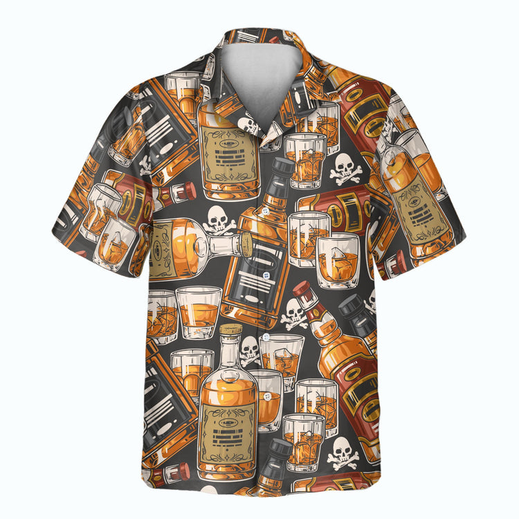 Stand out with custom Hawaiian shirts featuring whiskey bottles and skulls. Add faces on them for a fun, personalized style with a retro whiskey theme.