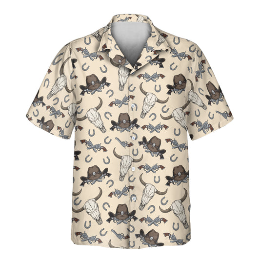 Stand out in custom Hawaiian shirts with faces on them, styled with Wild West motifs like cattle skulls, sheriff stars, and vintage cowboy designs.