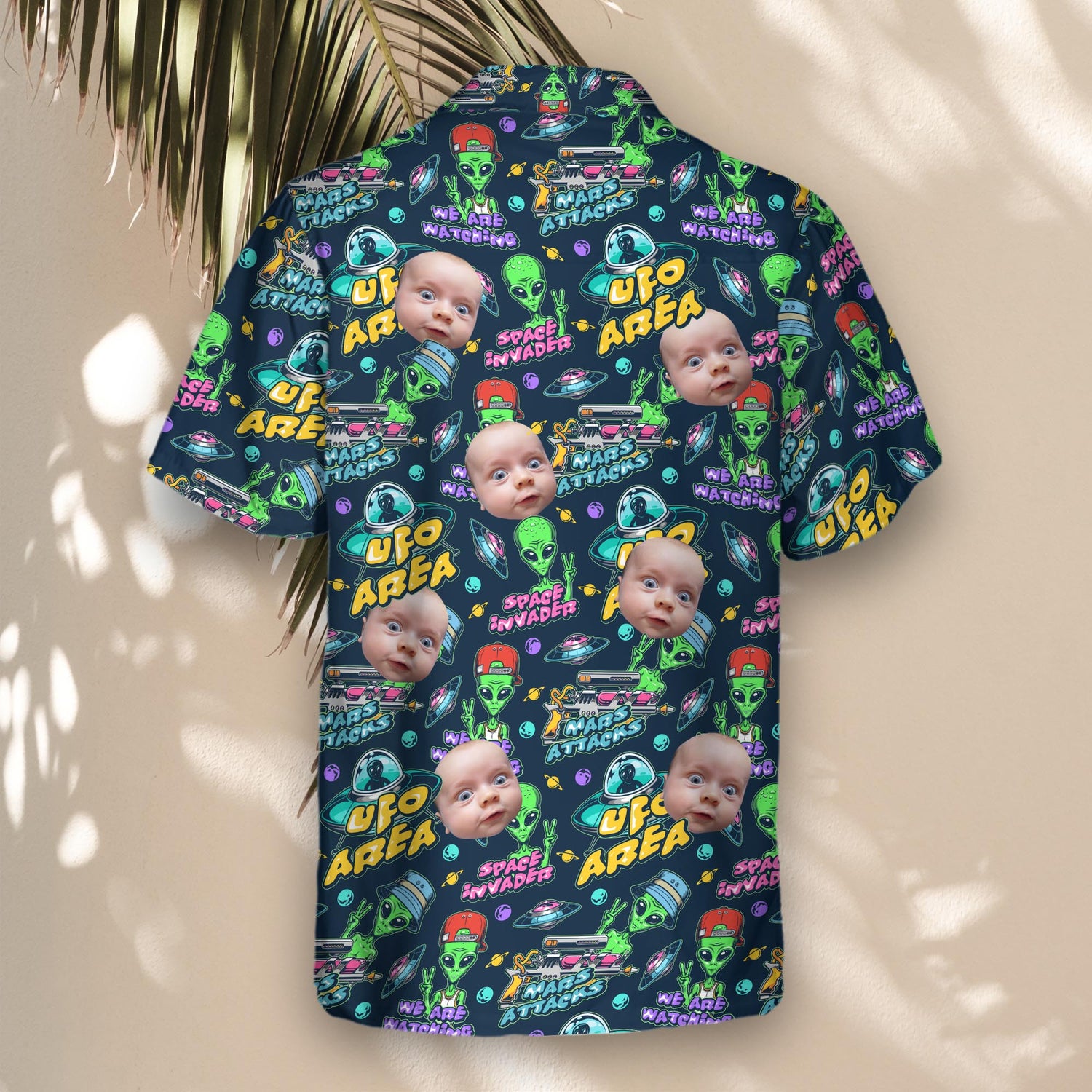 Stand out in custom Hawaiian shirts with faces on them, featuring alien landscapes, flying saucers, and starry skies, made for lightweight, wrinkle-free fun.