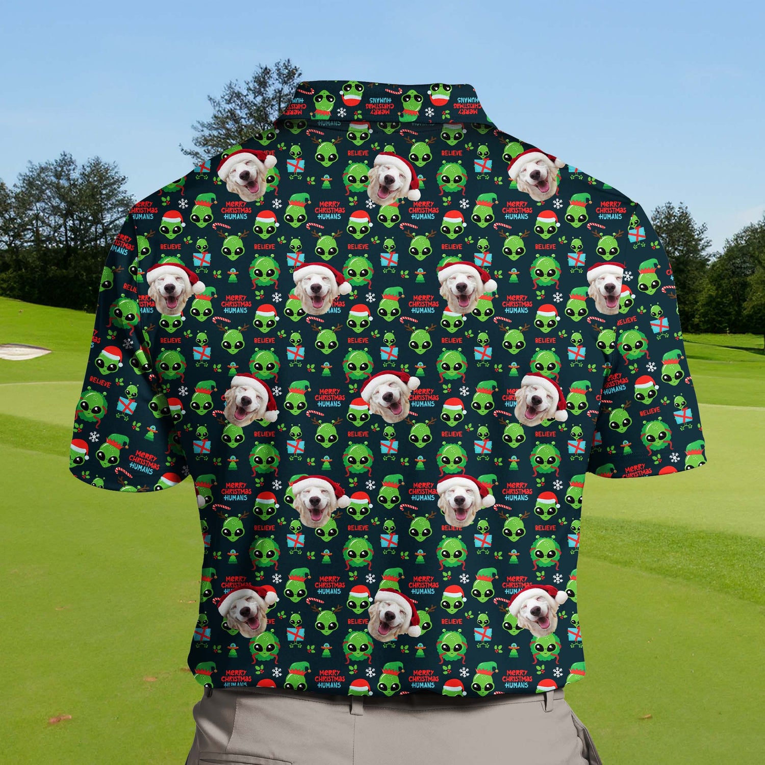 Group of golfers enjoying their game in funny golf shirts with faces on them.