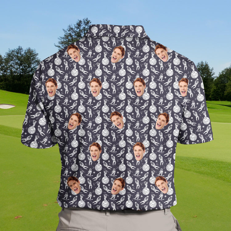 Sporty astronaut-themed funny golf shirts with logos.