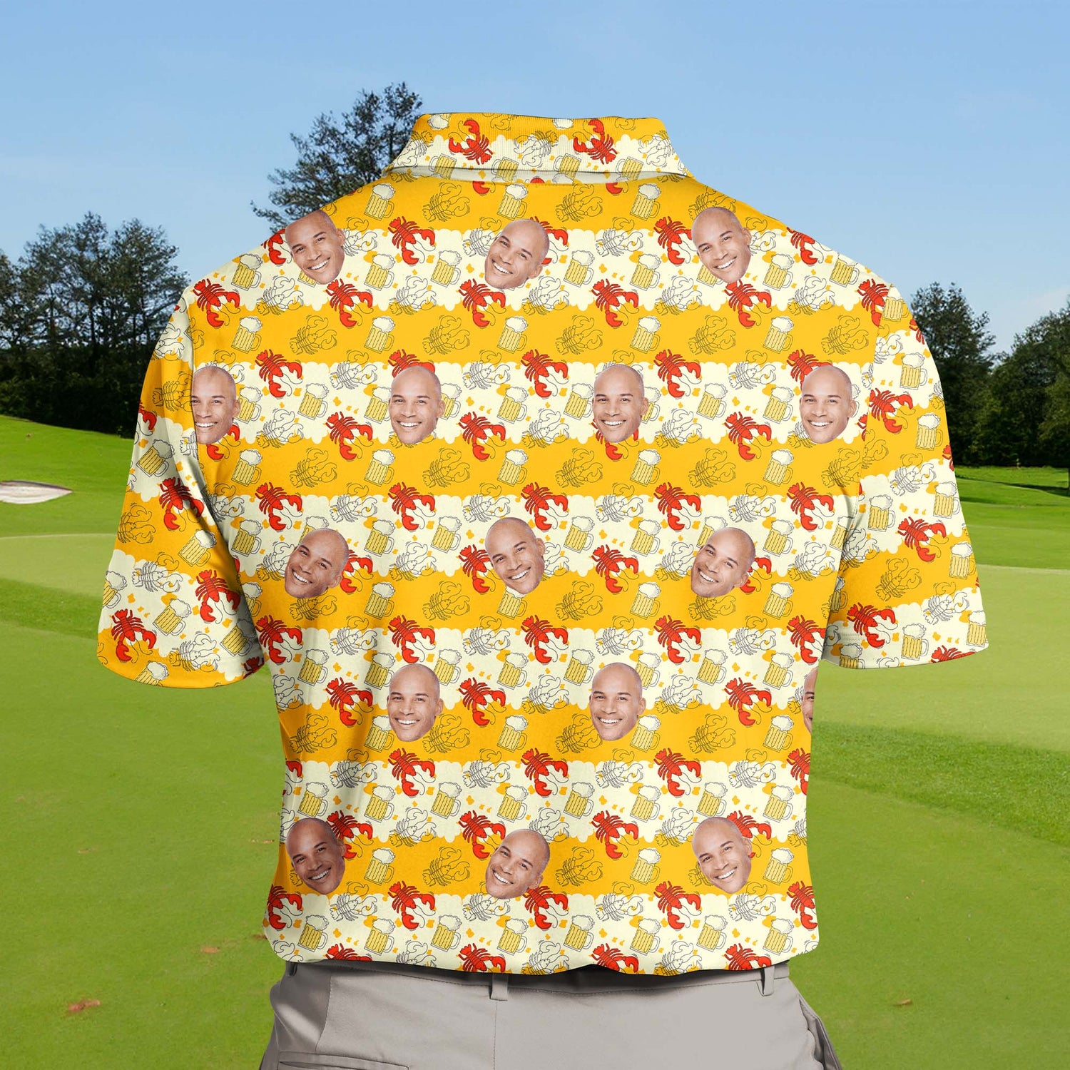 Colorful Beer And Crawfish funny golf shirts with faces on them for a unique look.
