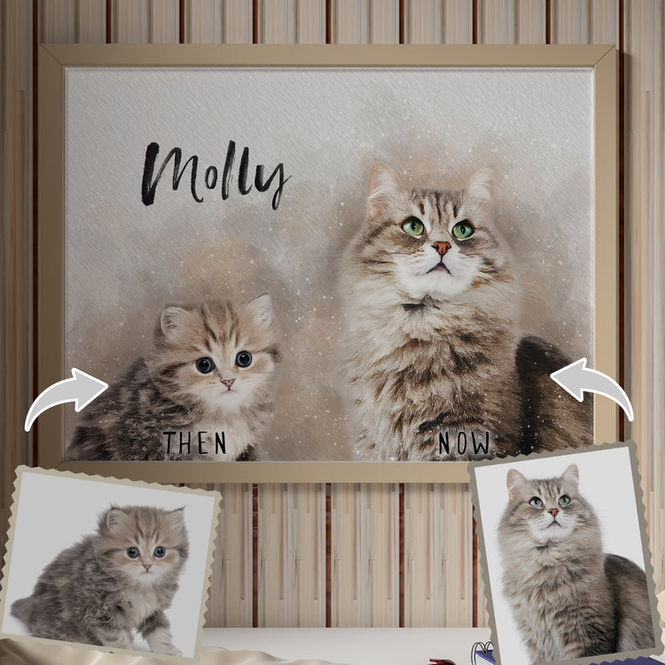 Celebrate your pet's growth with our Before-and-After Pet Portrait! Our skilled pet portrait artists turn your pictures into drawings, creating beautiful animal portraits. Perfect for custom dog portraits or cat portraits, this sentimental artwork captures every stage of their journey!