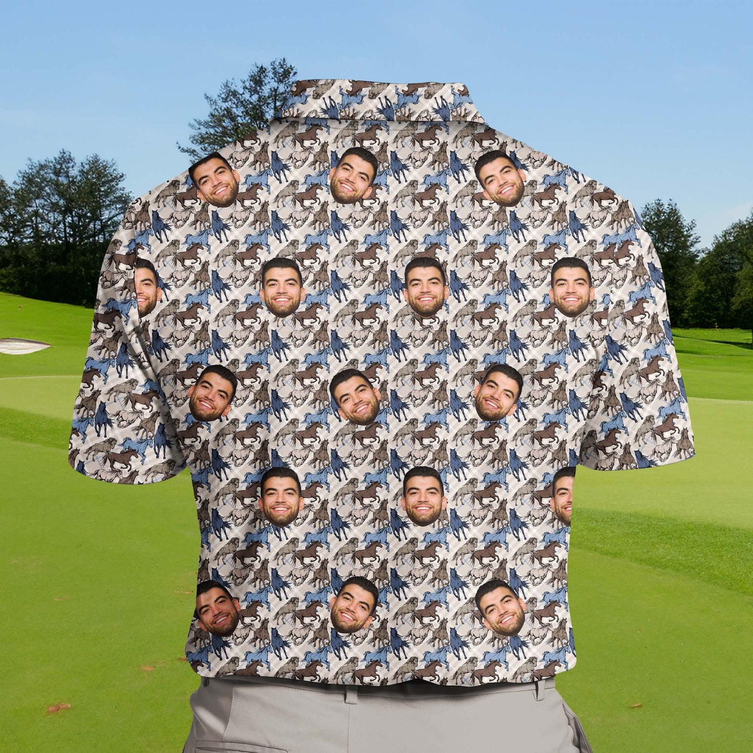 Bright and lively horse race-themed funny golf shirts with faces on them.