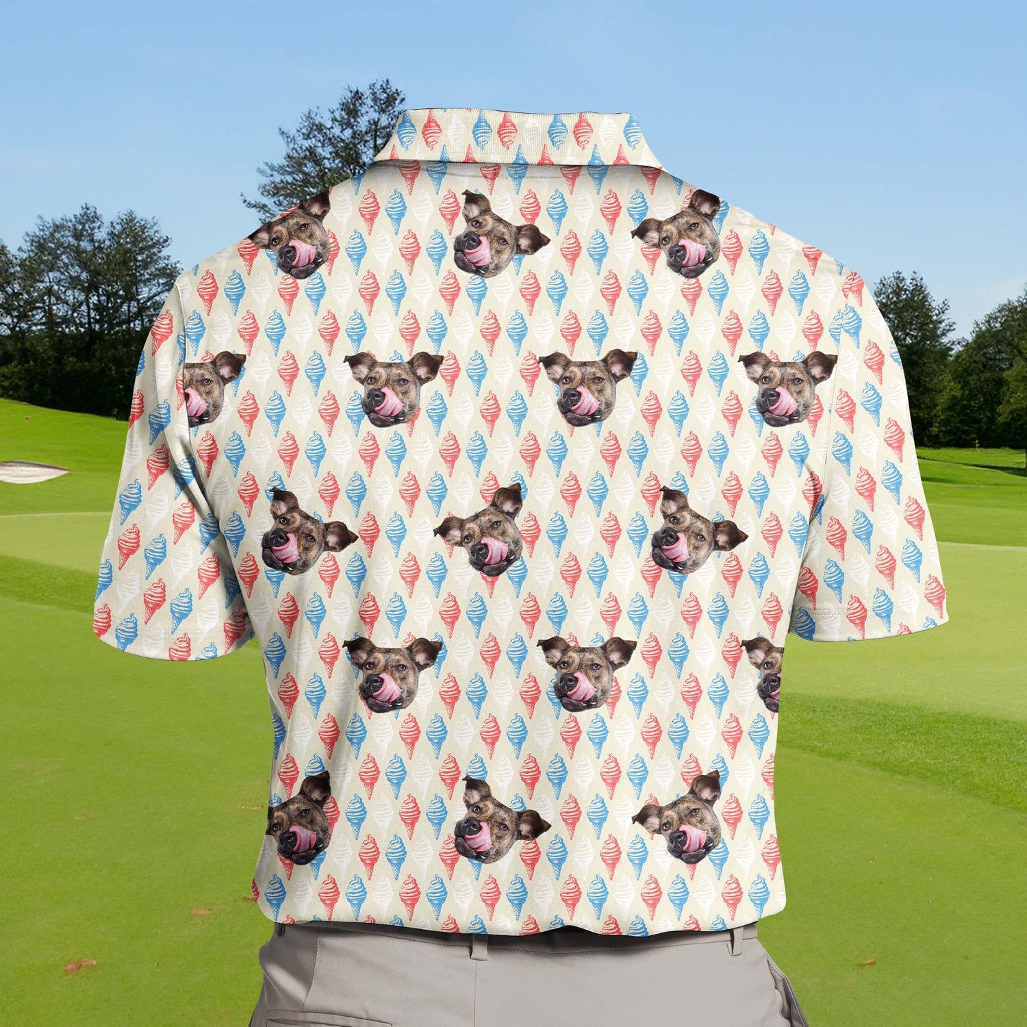 Vibrant Colorful Ice Cream shirts displaying funny golf shirts with faces on them for summer fun.