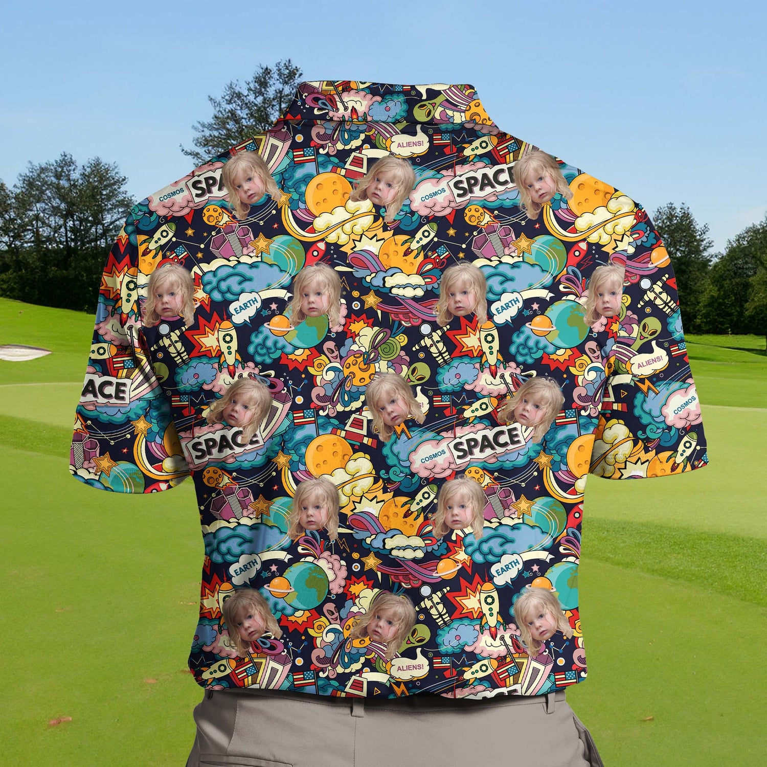 Vibrant funny golf shirts with faces on them, adorned with planets and stars.