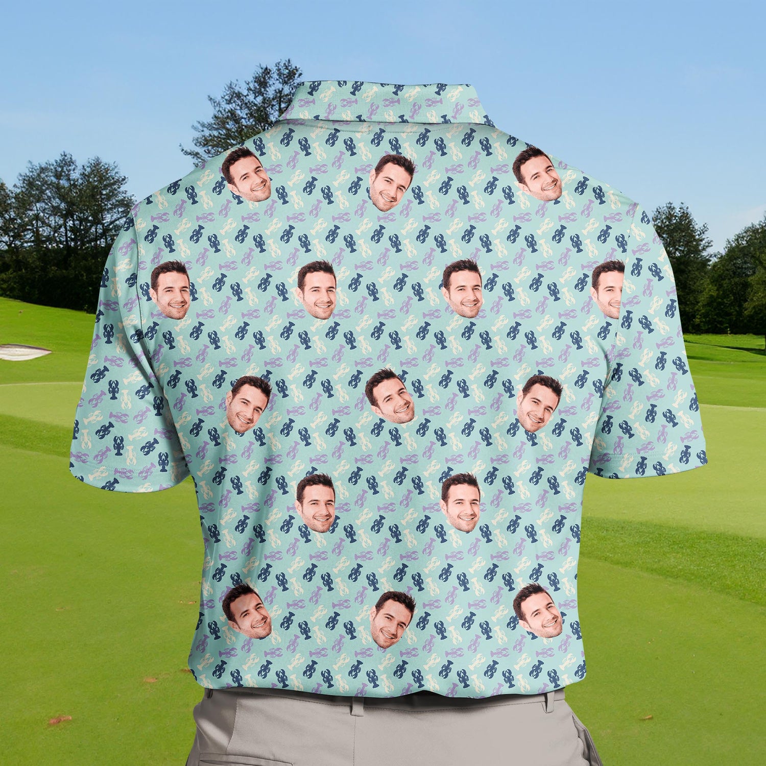 Humorous golf shirts with faces on them showcasing ocean themes.