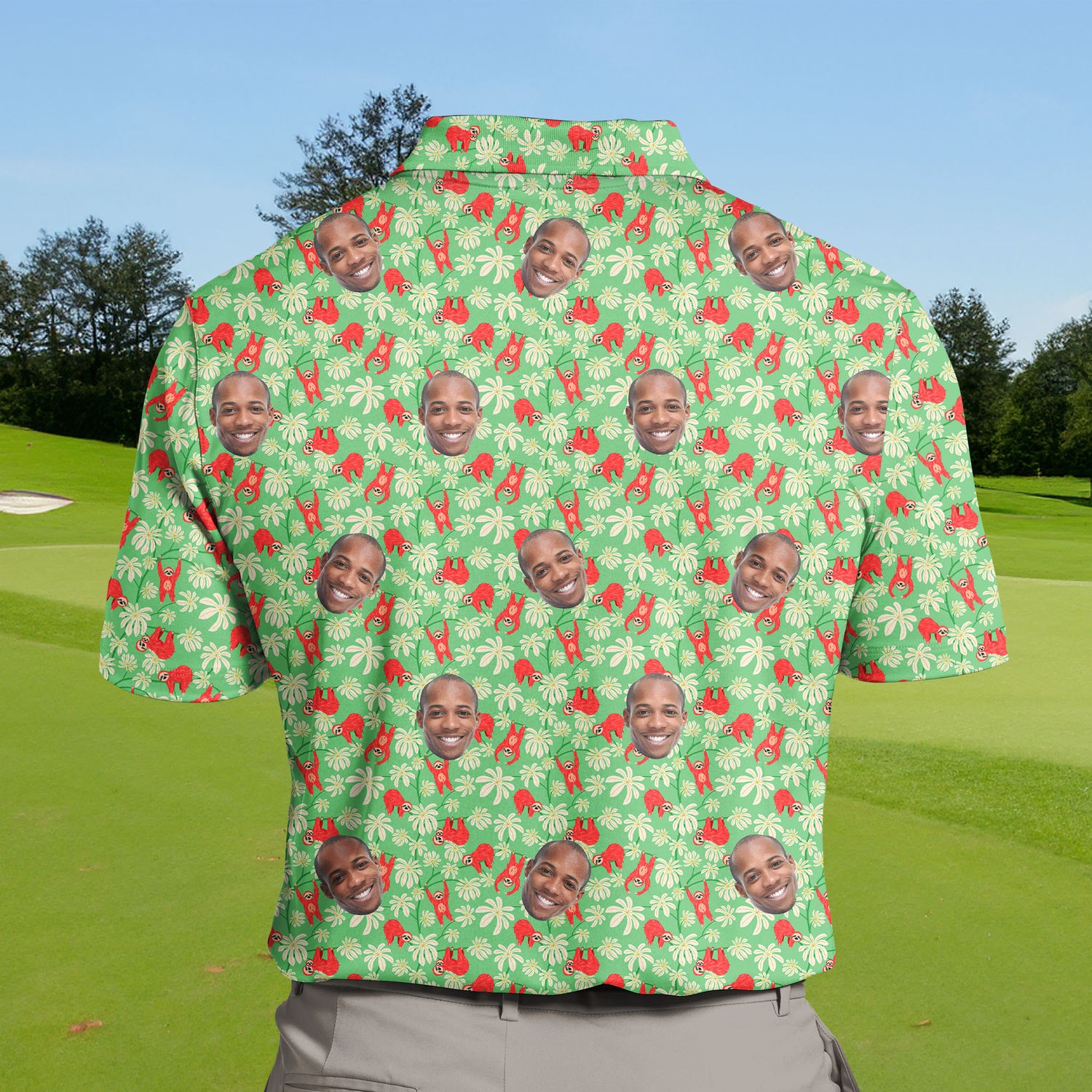 Breathable funny golf shirts with sloth faces on them, available in tall sizes.