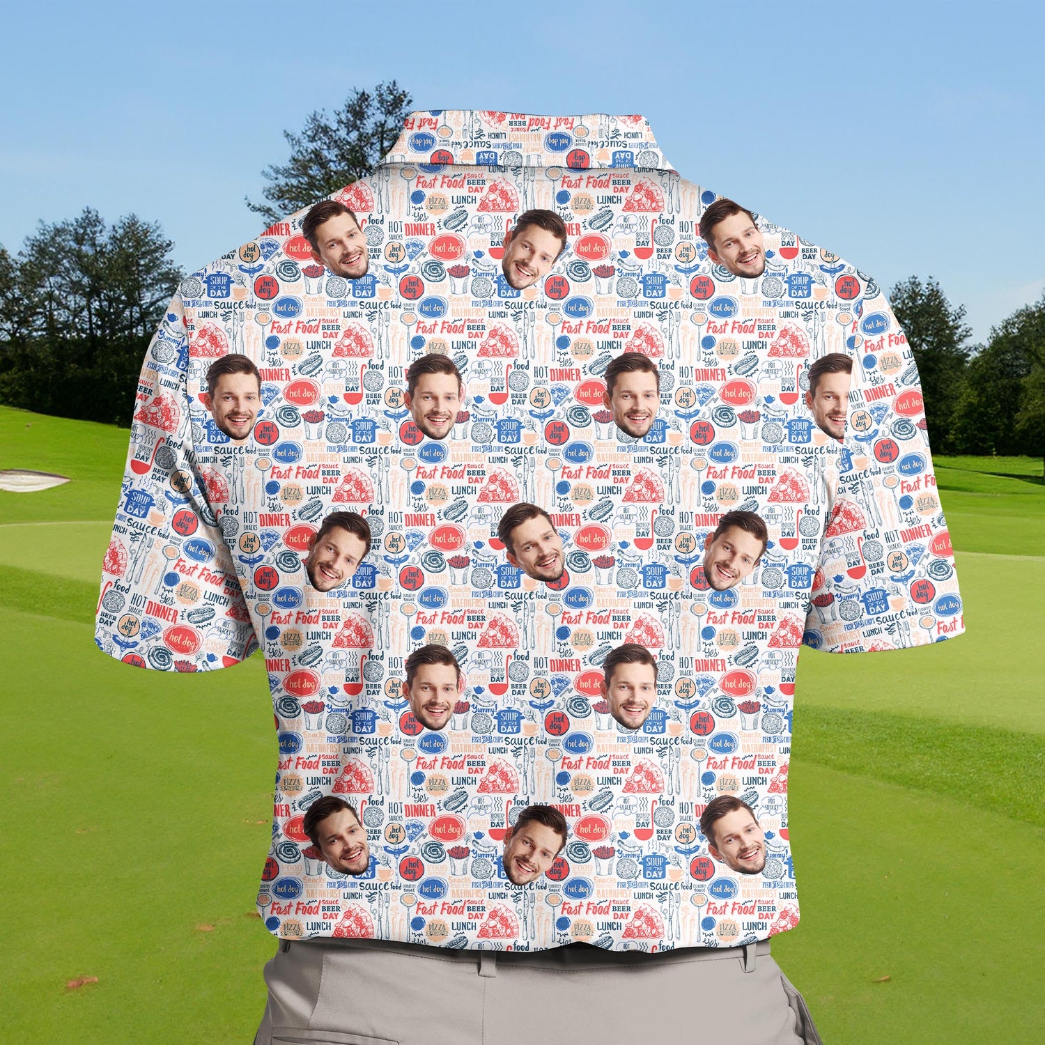 Funny golf shirts with faces on them, displaying a quirky burger with a cheeky expression.