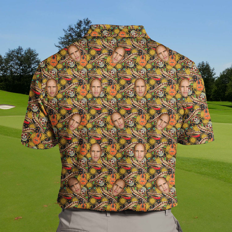 Custom golf clothing with vibrant flower designs, funny golf shirts with faces on them.