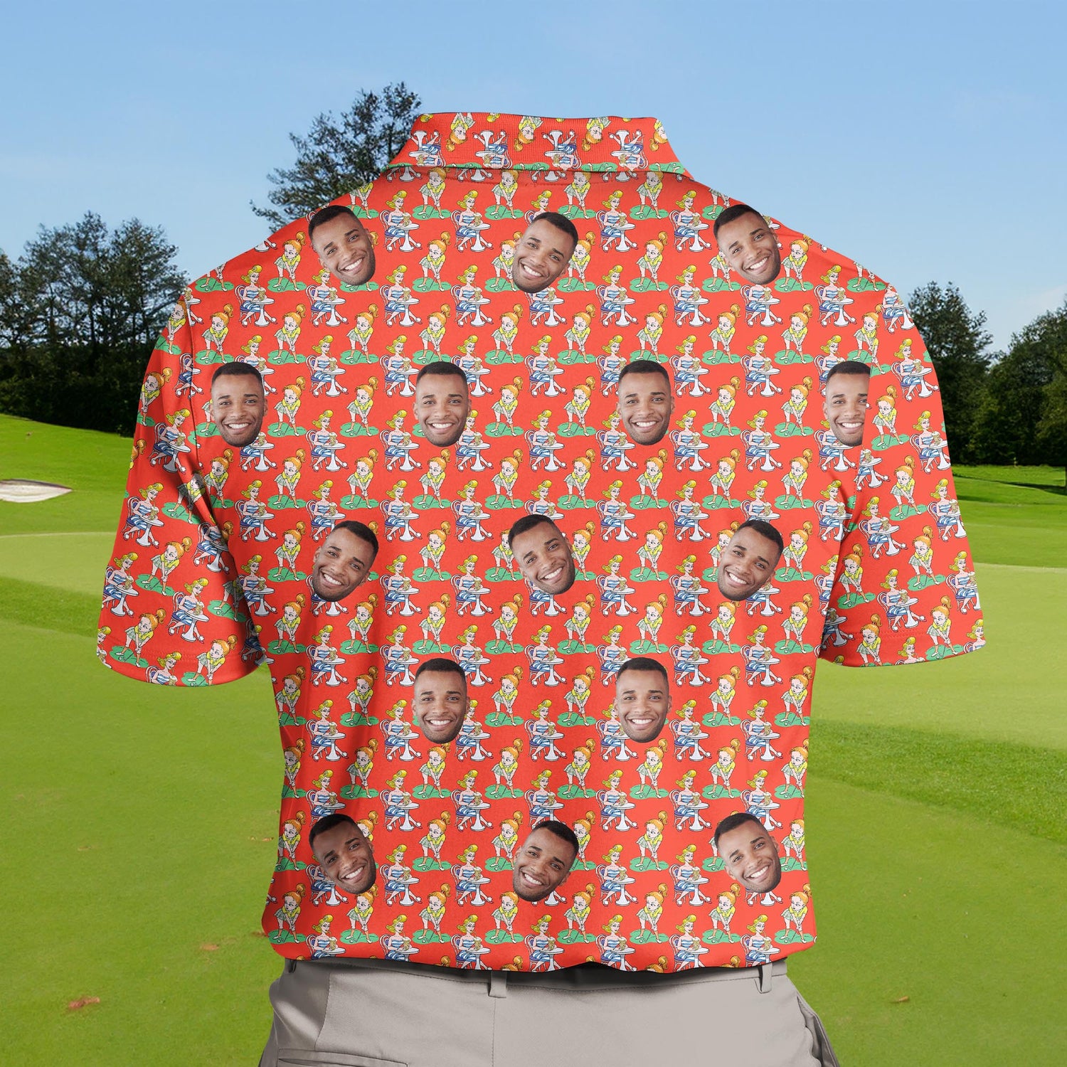 Breathable funny golf shirts with faces on them and UV protection.