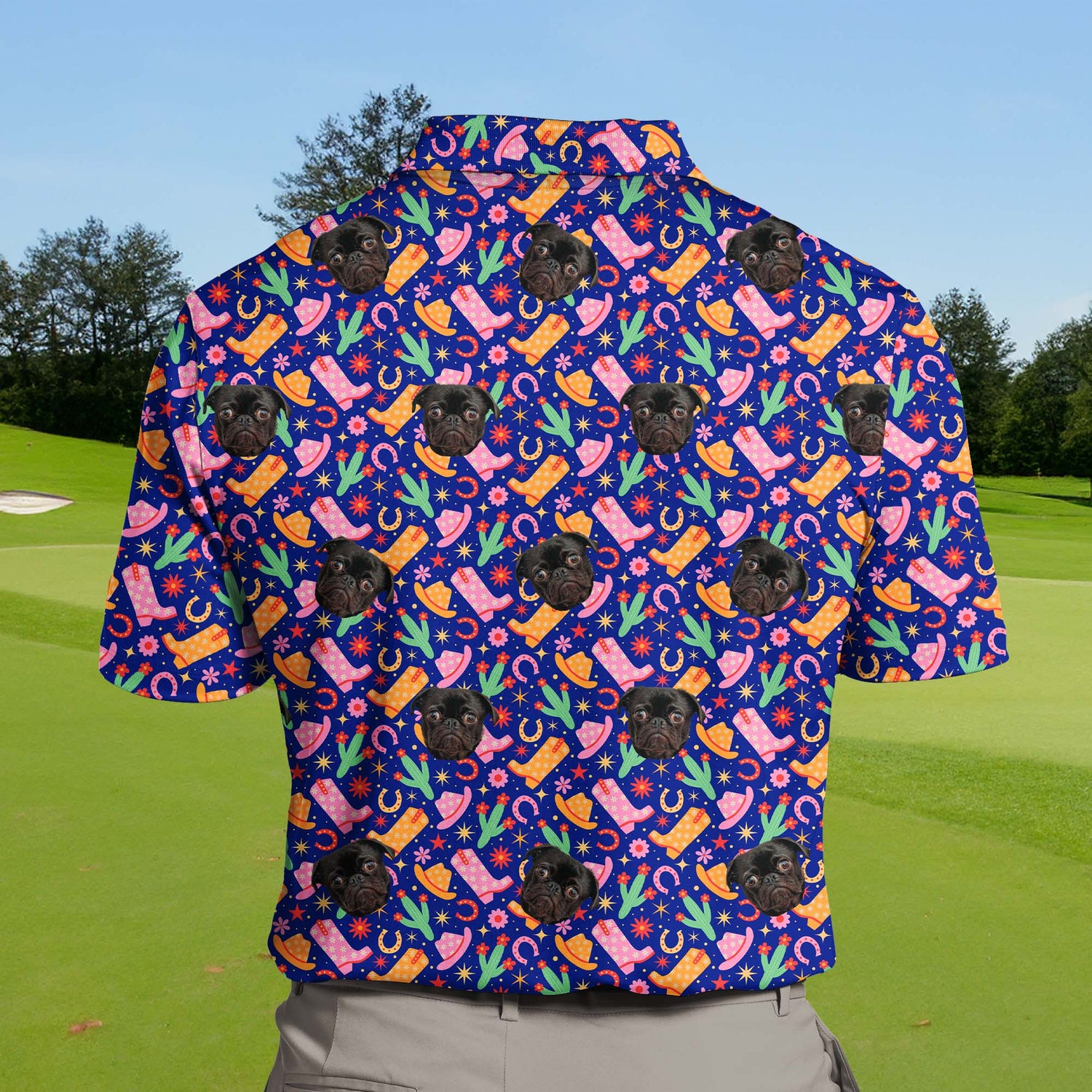 Group enjoying the game in funny golf shirts with faces on them, ideal for adding a fun twist to your golf attire.