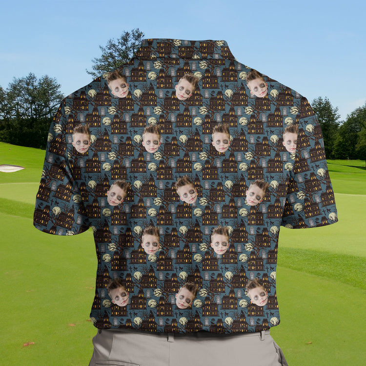 Breathable funny golf shirts with faces on them, available in tall sizes.