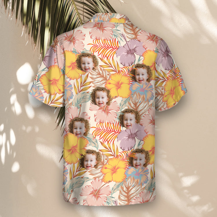 Custom Hawaiian shirts with hibiscus flowers, tropical leaves, and shirts with faces on them, ideal for lightweight comfort and colorful island flair.