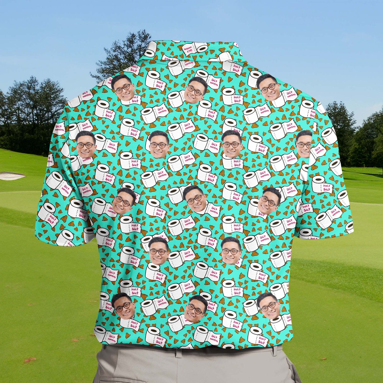 Brightly colored funny golf shirts with faces on them, highlighting "Holy Shit Happens" for a laugh on the green.