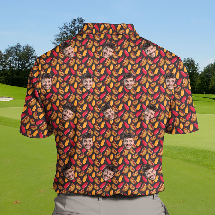 Hot Dog Heaven funny golf shirts with faces on them, perfect for BBQ lovers.
