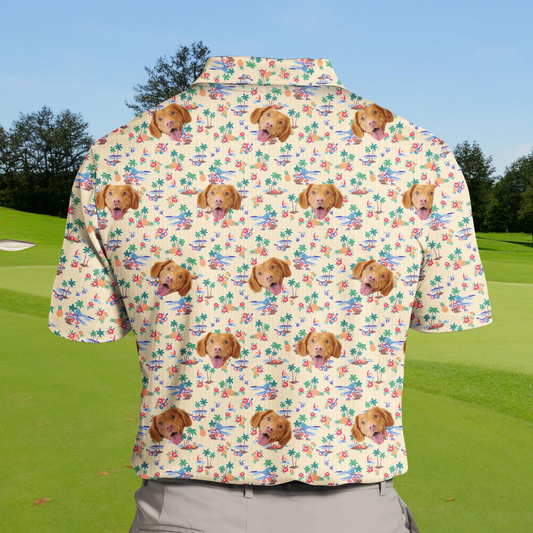 Vibrant funny golf shirts with faces on them and palm tree graphics.