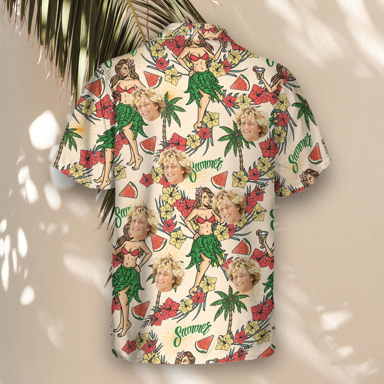 Lively custom Hawaiian shirts with red hibiscus, Polynesian girls, and shirts with faces on them, bringing tropical flair and comfort to any celebration.