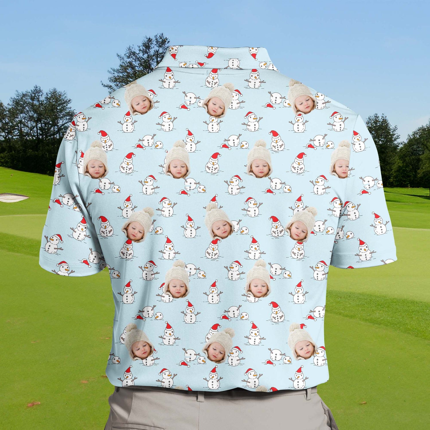 Breathable funny golf shirts with faces on them and UV protection.