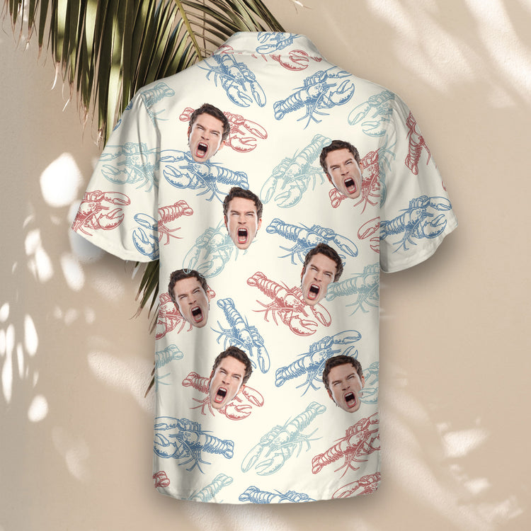 Custom Hawaiian shirts with faces on them and colorful lobsters on ivory, perfect for adding a playful, unique touch to any fun or festive event.