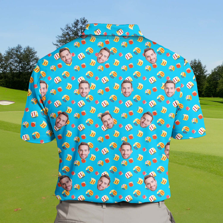 Group enjoying the course in funny golf shirts with faces on them, perfect for a fun and lucky golf day.