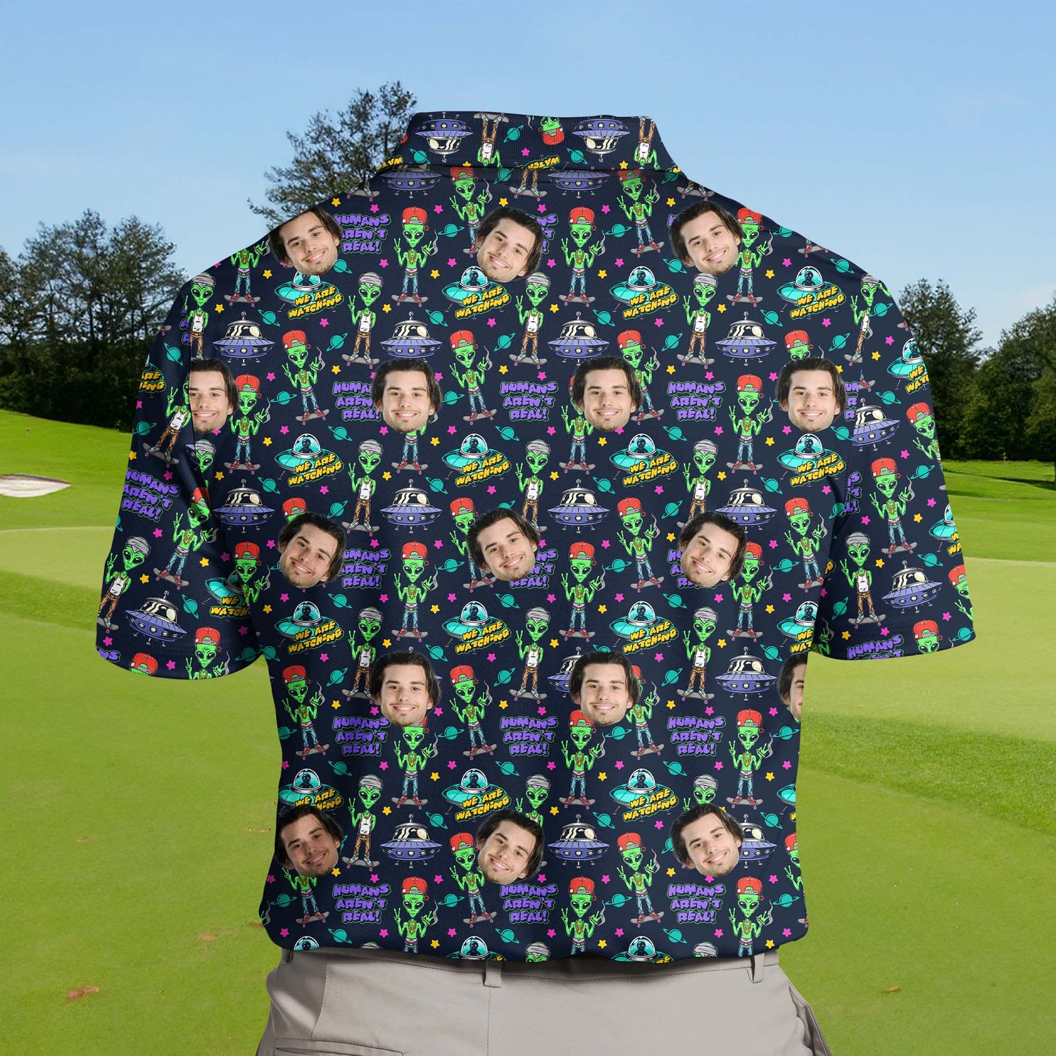 Golf polos with flying saucers and stars, funny golf shirts with faces on them.