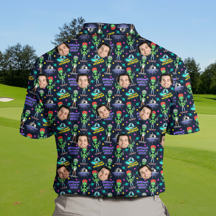 Golf polos with flying saucers and stars, funny golf shirts with faces on them.