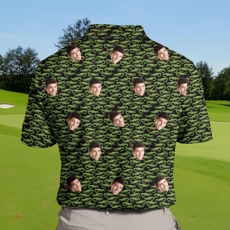 Breathable funny golf shirts with faces on them for team events.