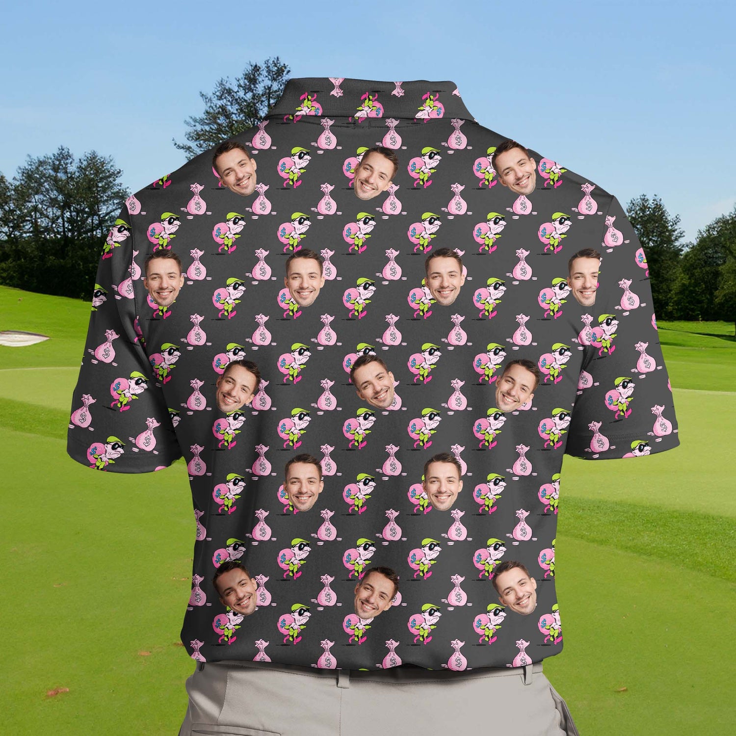 Customizable funny golf shirts with faces on them, perfect for adding a fun, crime-inspired theme to your game.