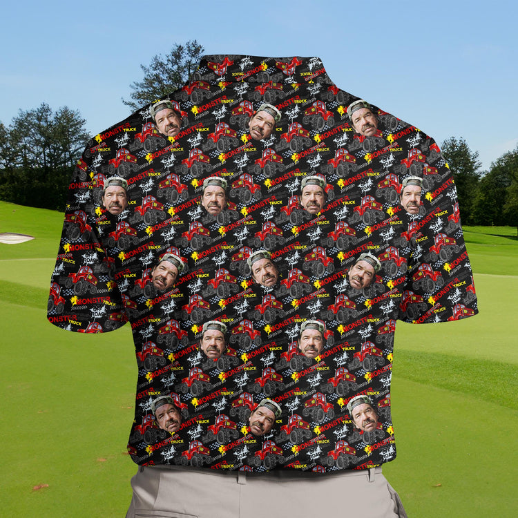 Team outing in funny golf shirts with faces on them showcasing monster trucks.