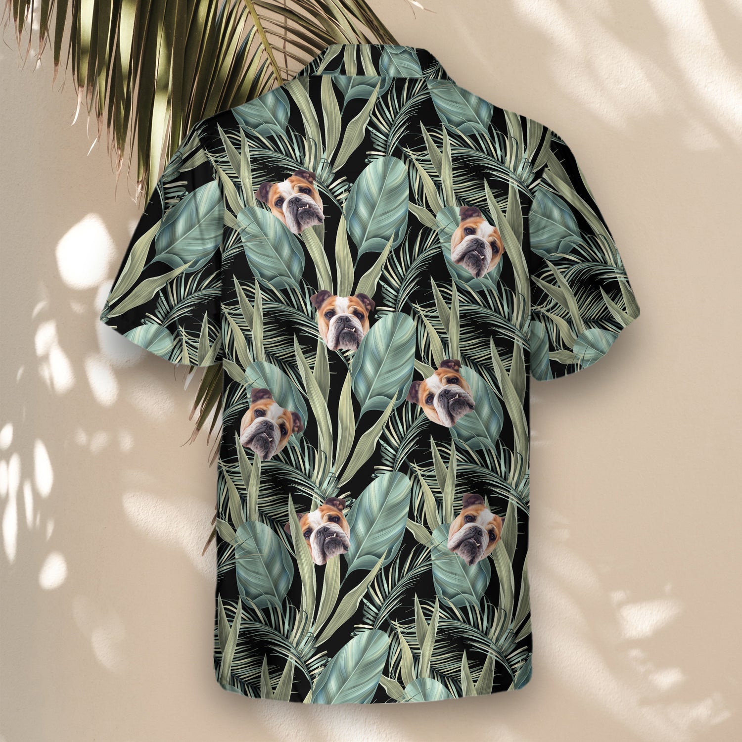 Tropical paradise Custom Hawaiian Shirts with Faces or Logos, showcasing lush palm leaves and botanical jungle foliage in bright colors.