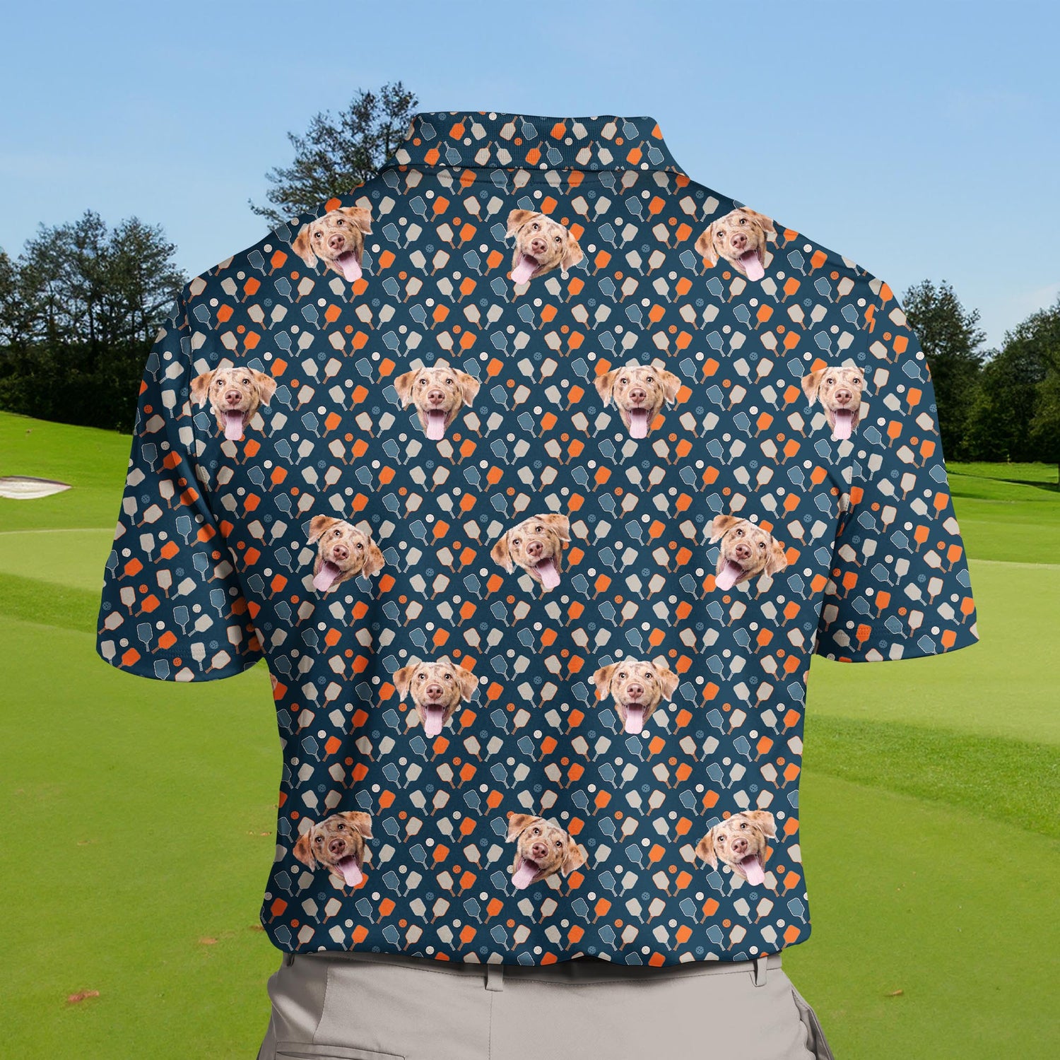 Playful funny golf shirts with faces on them, ideal for summer activities.
