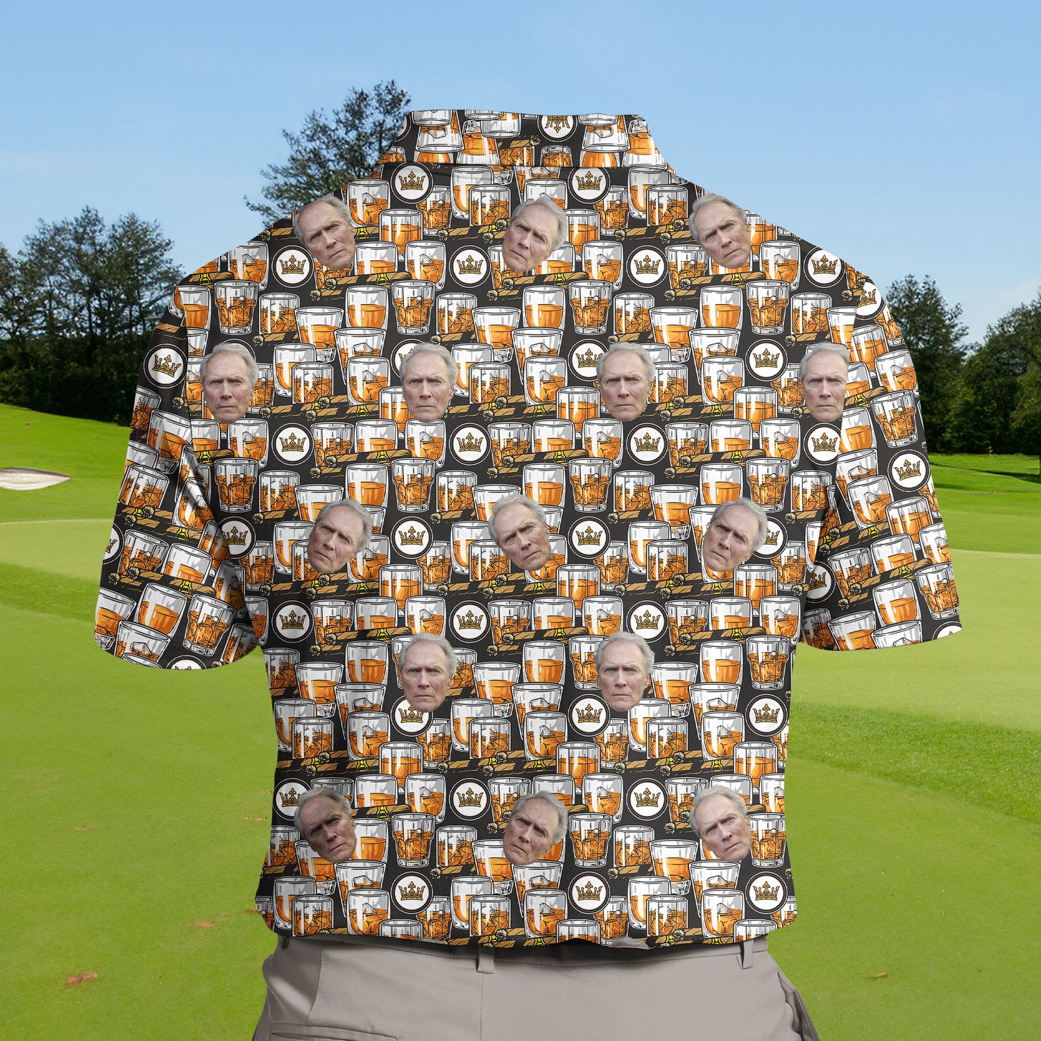 Unique funny golf shirts with faces on them, inspired by whiskey themes.