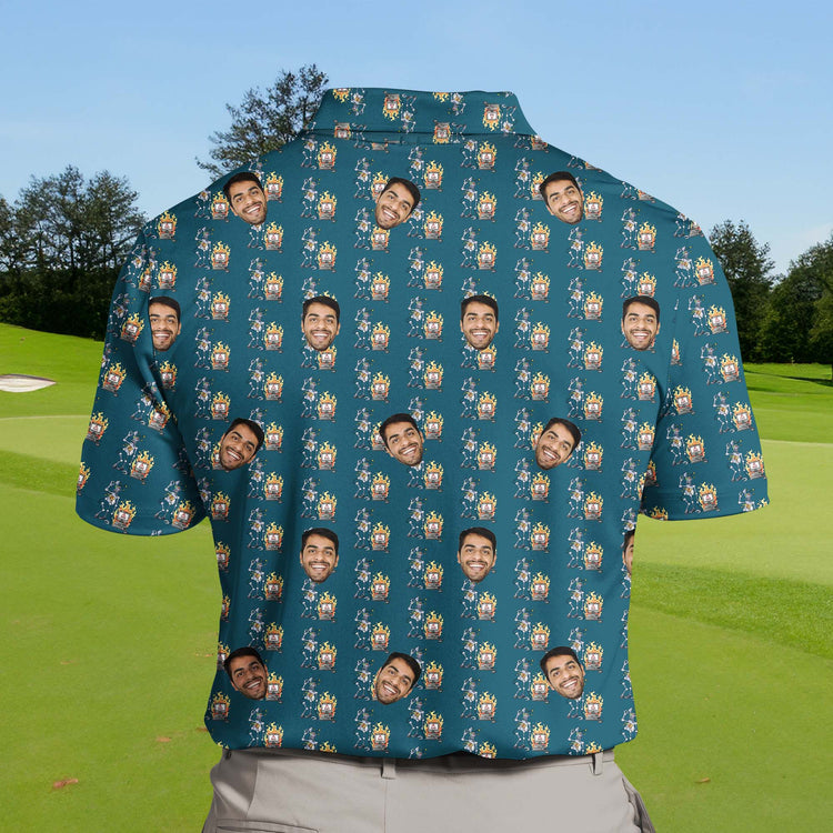 Brightly colored funny golf shirts with faces, showcasing robot fails.