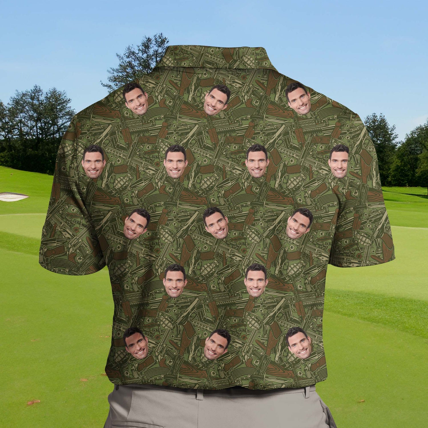 Humorous funny golf shirts with faces on them showcasing bullet holes.