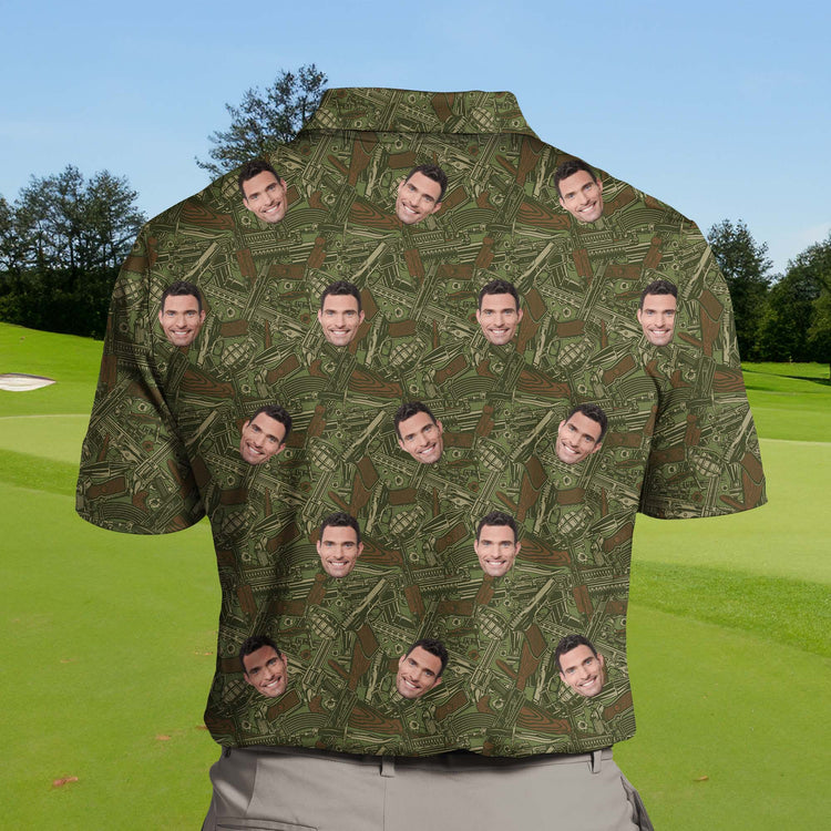 Humorous funny golf shirts with faces on them showcasing bullet holes.