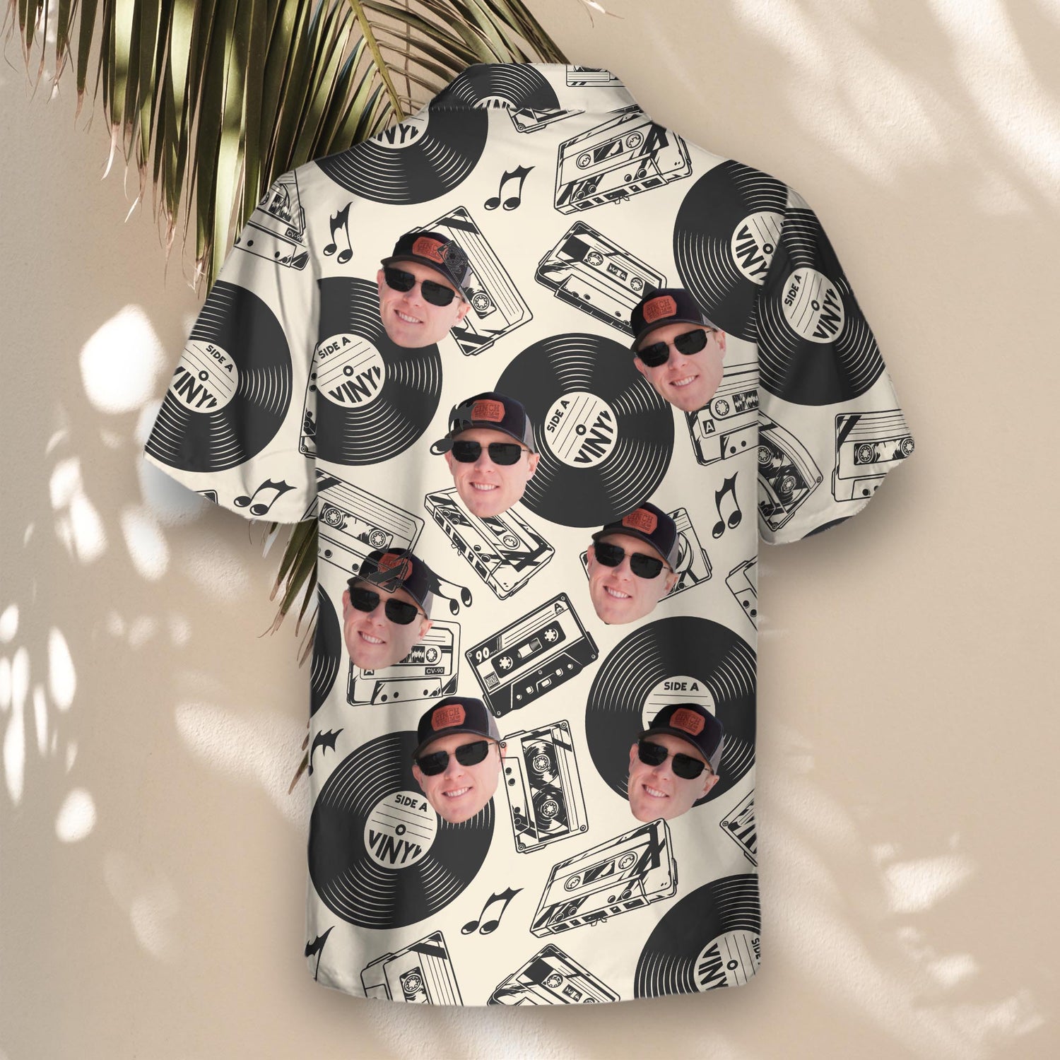 Fun custom Hawaiian shirts with faces on them, showcasing vintage vinyl record designs, perfect for adding retro music vibes to your laid-back tropical look.