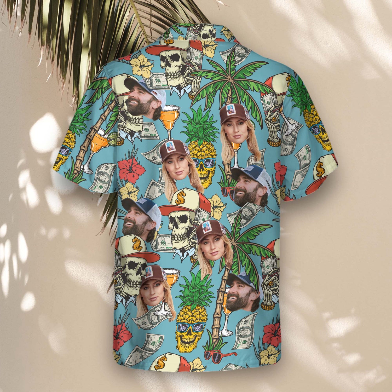 Stand out with custom Hawaiian shirts with faces on them, featuring colorful skulls, palm trees, and hibiscus flowers, perfect for casino and tropical parties.