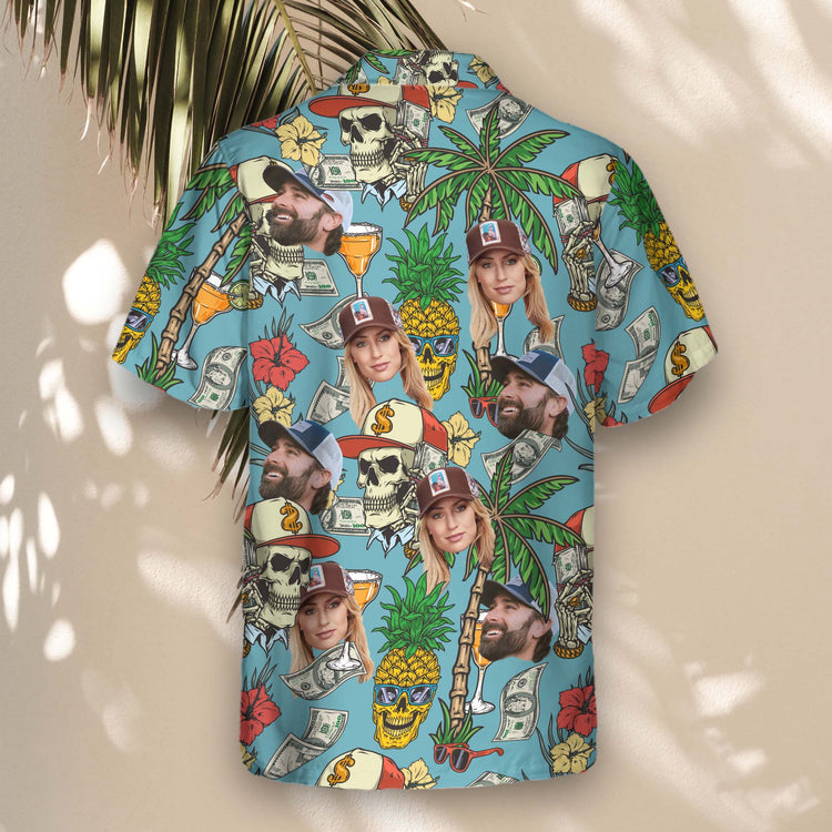 Stand out with custom Hawaiian shirts with faces on them, featuring colorful skulls, palm trees, and hibiscus flowers, perfect for casino and tropical parties.