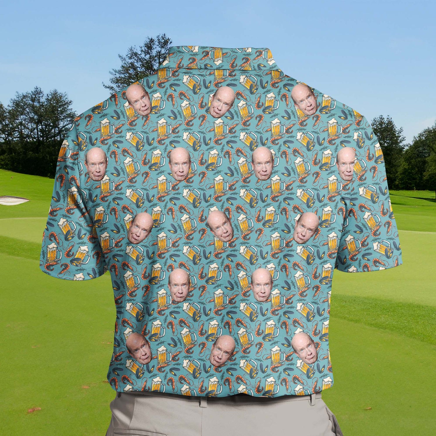Fun funny golf shirts with faces on them, showcasing seafood and drink elements on the golf course.